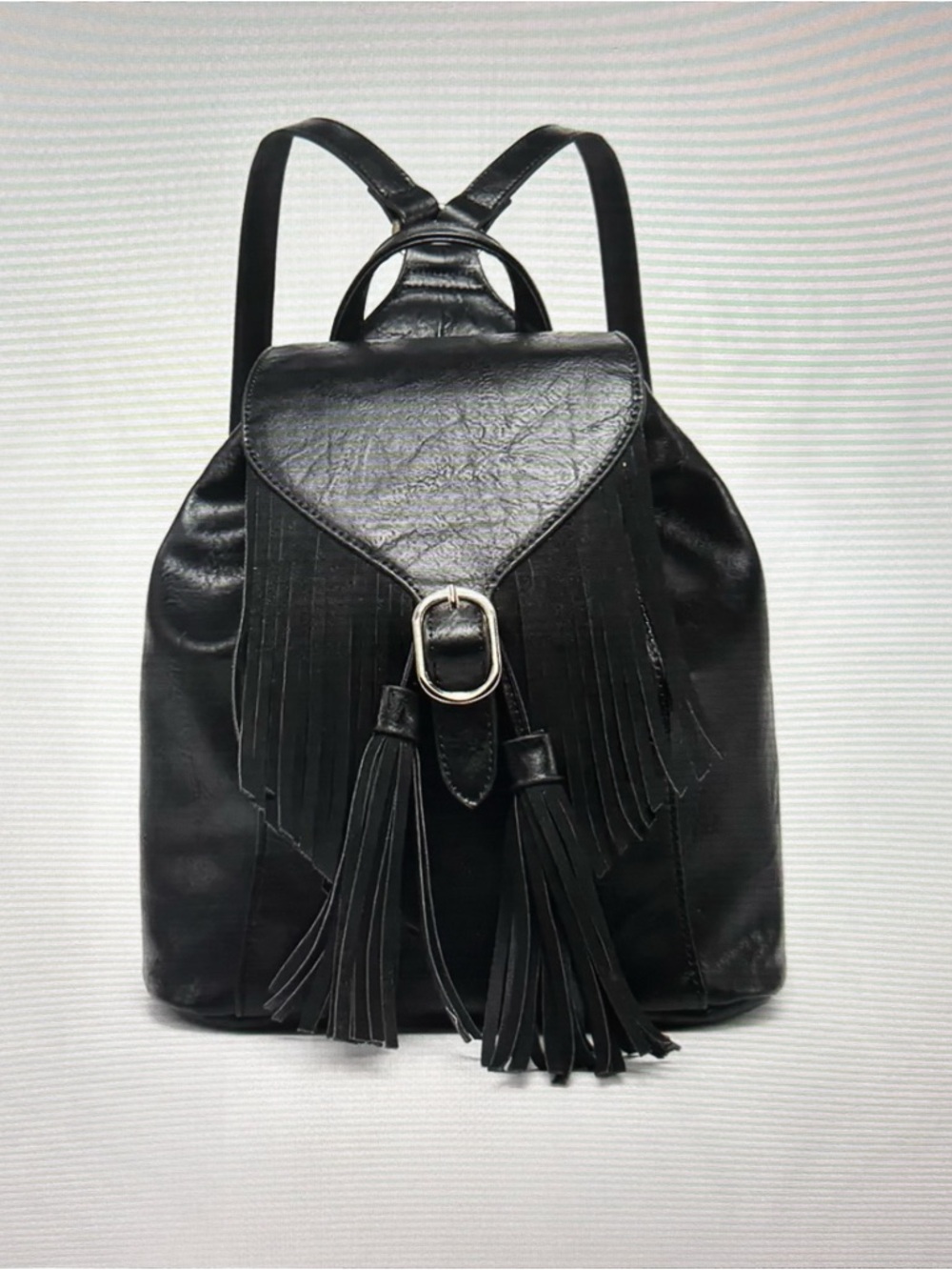Jewel Distressed Black Bucket Backpack with Fringe
